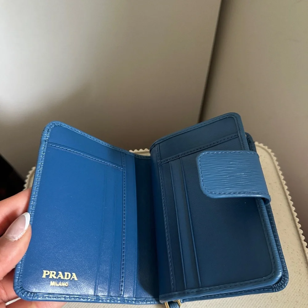 PRADA Blue Vitello Move Tr Leather Triangle Logo Compact Wallet